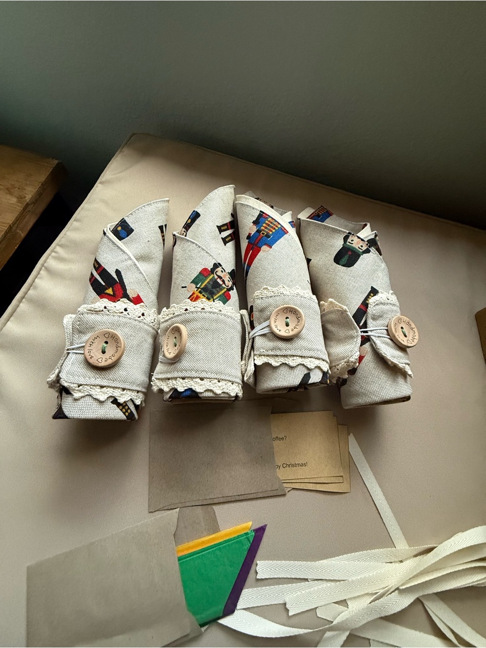 Christmas Nutcracker Print Cloth Napkin Rings - Beige with Wooden Button